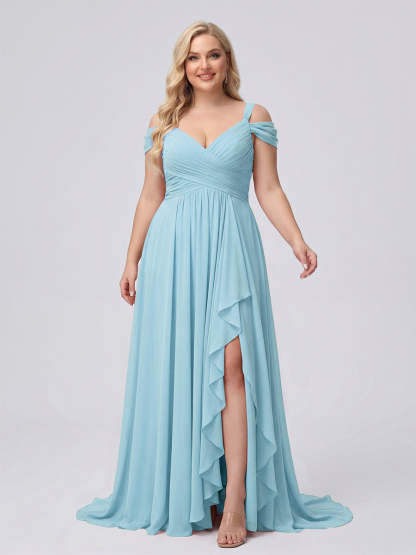 A-Line/Princess V-Neck Split Side Floor-Length Chiffon Plus Size Bridesmaid Dresses With Ruffles