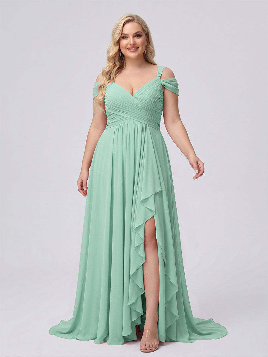 A-Line/Princess V-Neck Split Side Floor-Length Chiffon Plus Size Bridesmaid Dresses With Ruffles