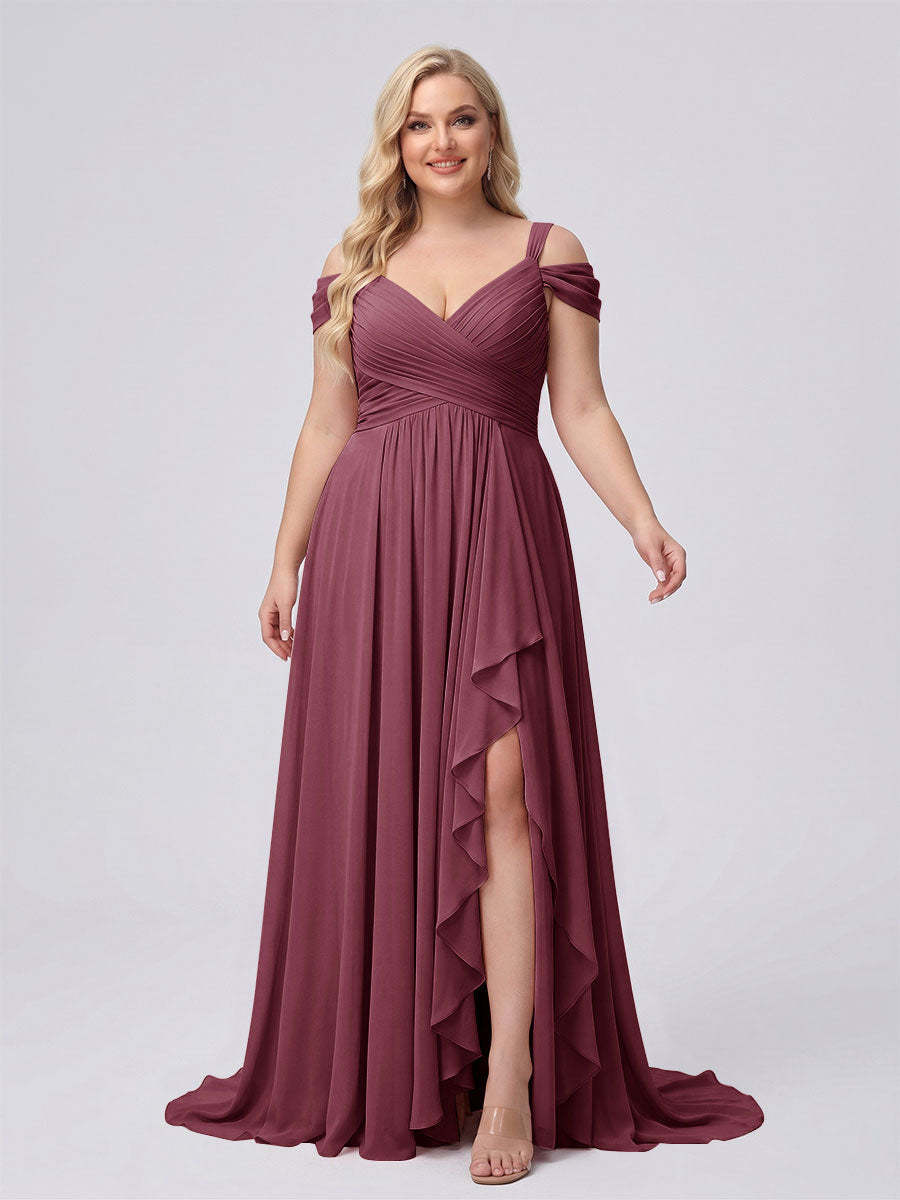 A-Line/Princess V-Neck Split Side Floor-Length Chiffon Plus Size Bridesmaid Dresses With Ruffles