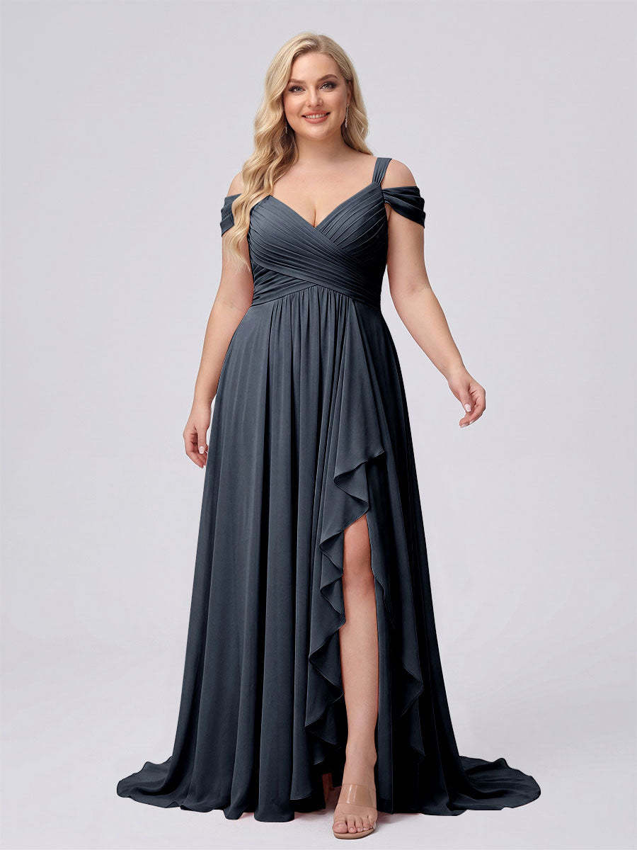 A-Line/Princess V-Neck Split Side Floor-Length Chiffon Plus Size Bridesmaid Dresses With Ruffles
