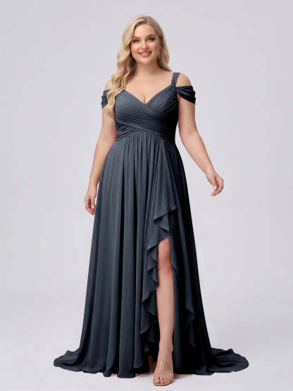 A-Line/Princess V-Neck Split Side Floor-Length Chiffon Plus Size Bridesmaid Dresses With Ruffles