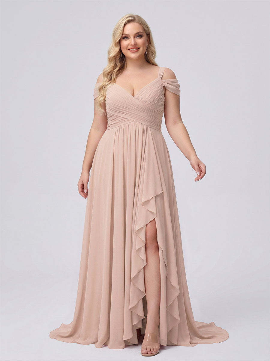 A-Line/Princess V-Neck Split Side Floor-Length Chiffon Plus Size Bridesmaid Dresses With Ruffles