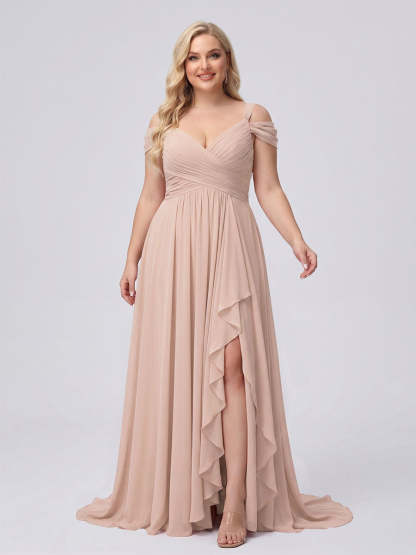 A-Line/Princess V-Neck Split Side Floor-Length Chiffon Plus Size Bridesmaid Dresses With Ruffles