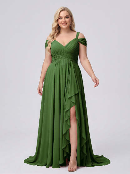 A-Line/Princess V-Neck Split Side Floor-Length Chiffon Plus Size Bridesmaid Dresses With Ruffles