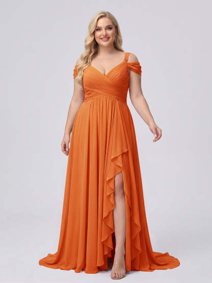 A-Line/Princess V-Neck Split Side Floor-Length Chiffon Plus Size Bridesmaid Dresses With Ruffles
