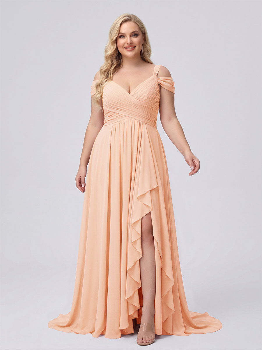 A-Line/Princess V-Neck Split Side Floor-Length Chiffon Plus Size Bridesmaid Dresses With Ruffles