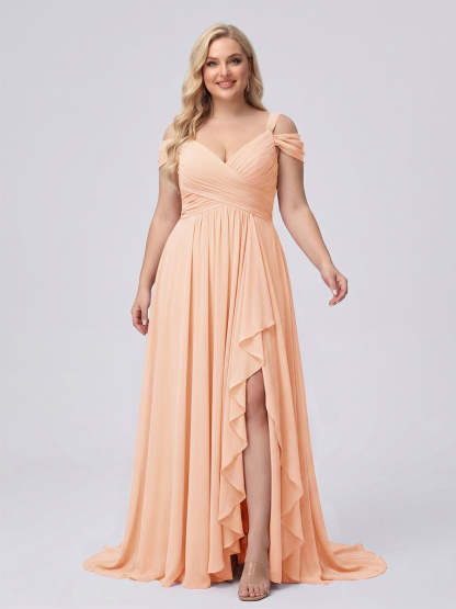 A-Line/Princess V-Neck Split Side Floor-Length Chiffon Plus Size Bridesmaid Dresses With Ruffles