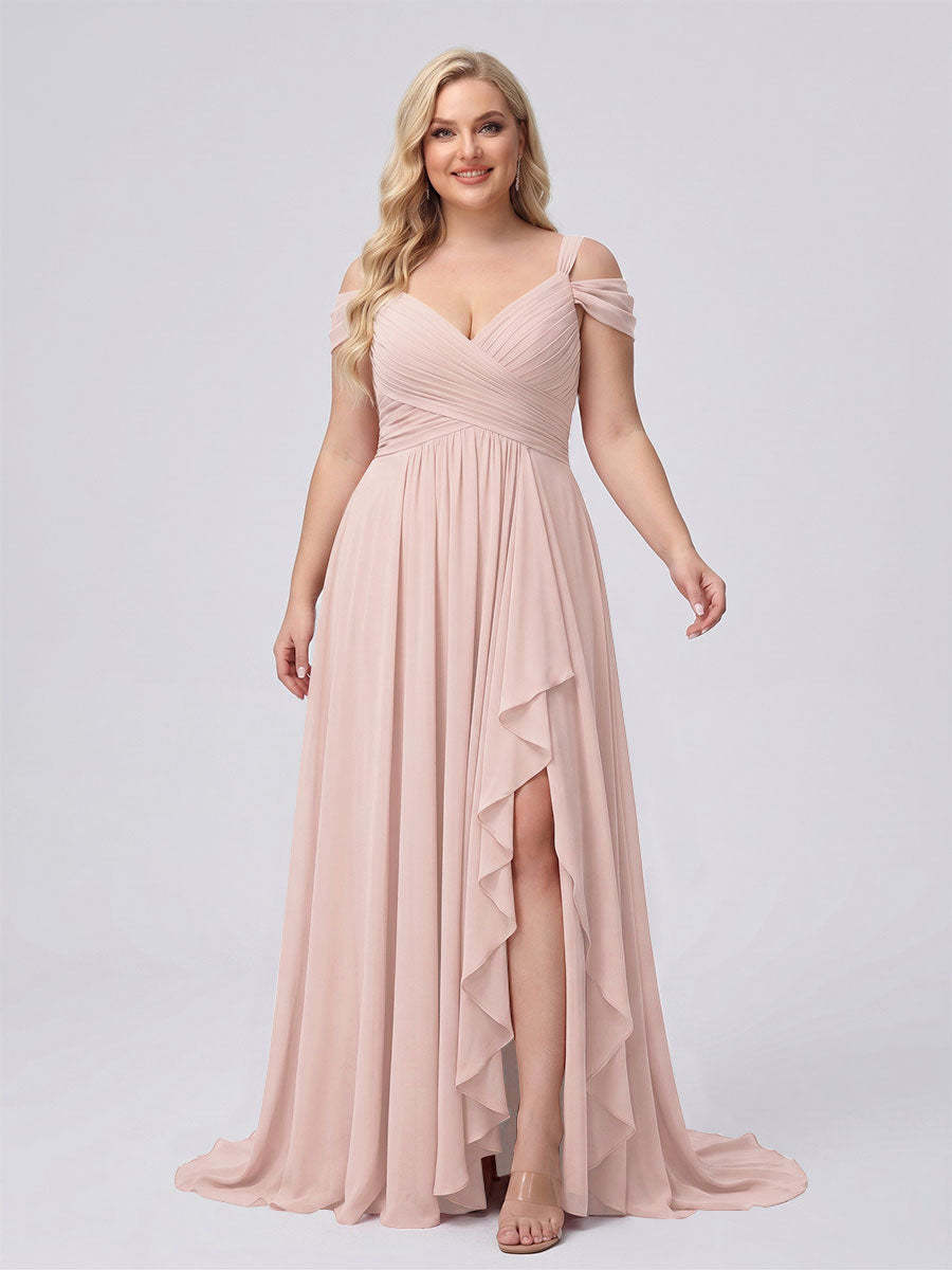 A-Line/Princess V-Neck Split Side Floor-Length Chiffon Plus Size Bridesmaid Dresses With Ruffles