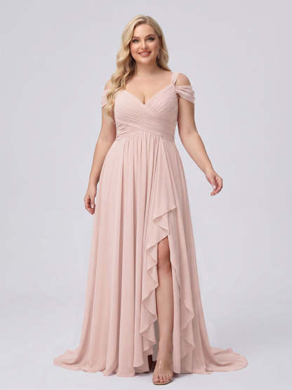 A-Line/Princess V-Neck Split Side Floor-Length Chiffon Plus Size Bridesmaid Dresses With Ruffles
