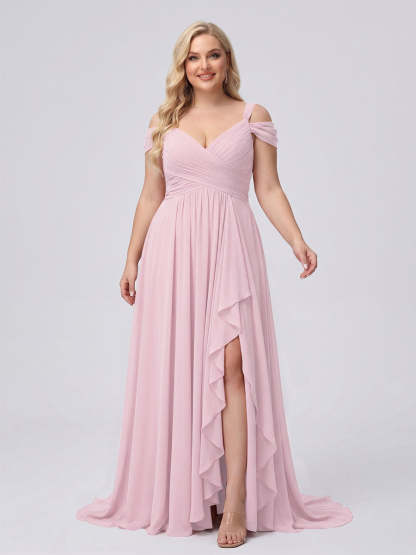 A-Line/Princess V-Neck Split Side Floor-Length Chiffon Plus Size Bridesmaid Dresses With Ruffles