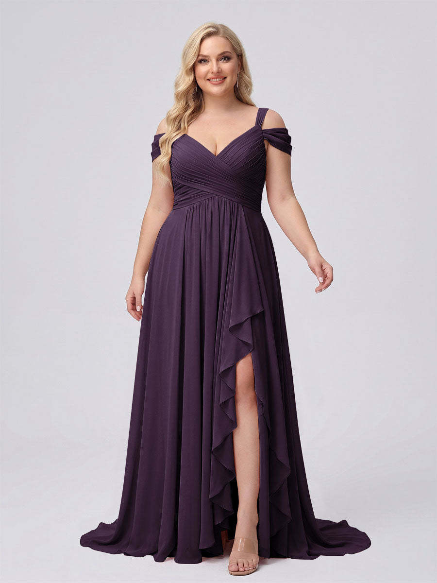 A-Line/Princess V-Neck Split Side Floor-Length Chiffon Plus Size Bridesmaid Dresses With Ruffles