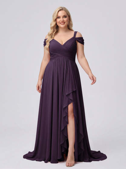 A-Line/Princess V-Neck Split Side Floor-Length Chiffon Plus Size Bridesmaid Dresses With Ruffles