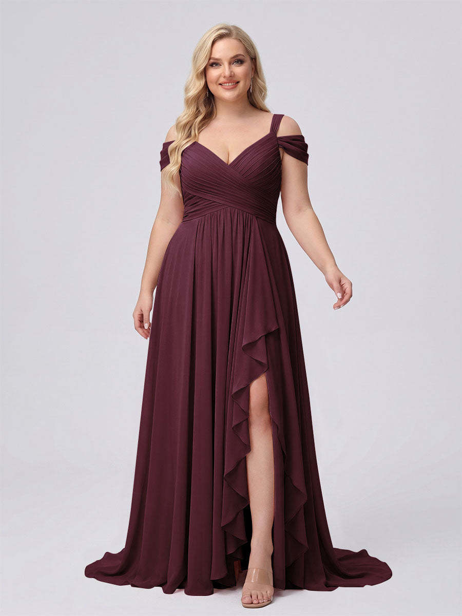A-Line/Princess V-Neck Split Side Floor-Length Chiffon Plus Size Bridesmaid Dresses With Ruffles