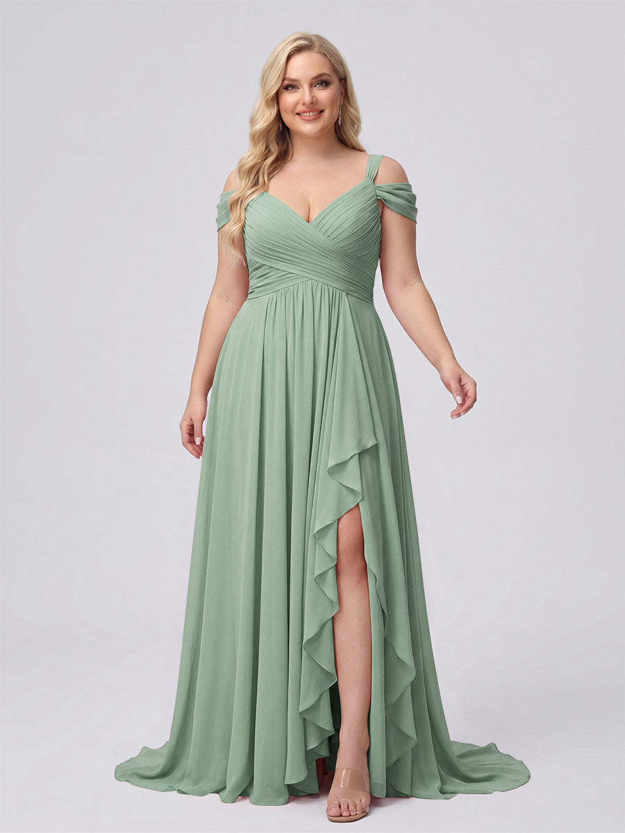 A-Line/Princess V-Neck Split Side Floor-Length Chiffon Plus Size Bridesmaid Dresses With Ruffles
