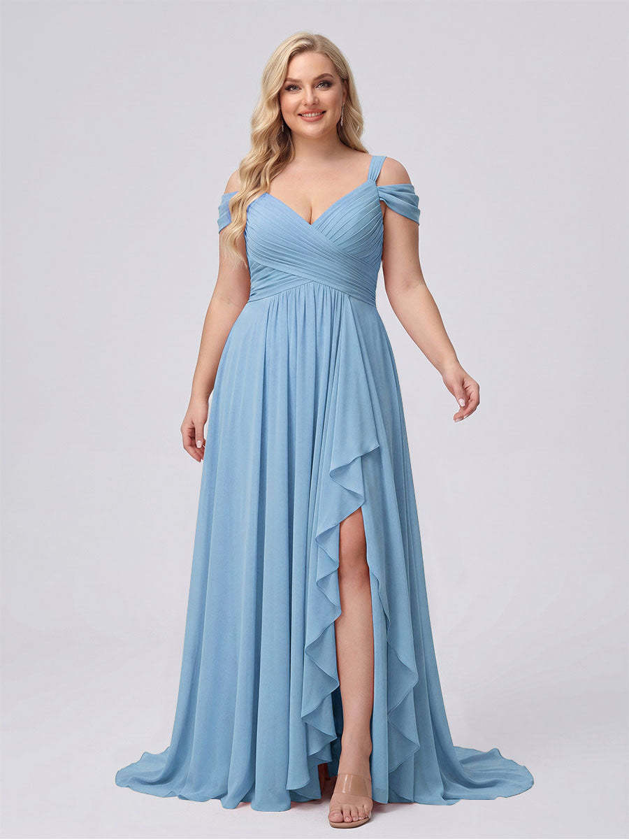 A-Line/Princess V-Neck Split Side Floor-Length Chiffon Plus Size Bridesmaid Dresses With Ruffles