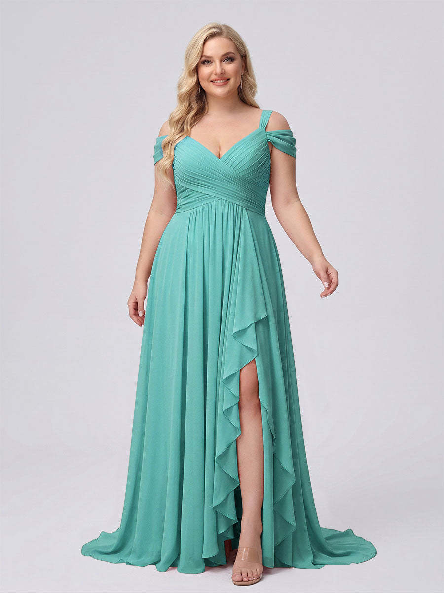 A-Line/Princess V-Neck Split Side Floor-Length Chiffon Plus Size Bridesmaid Dresses With Ruffles