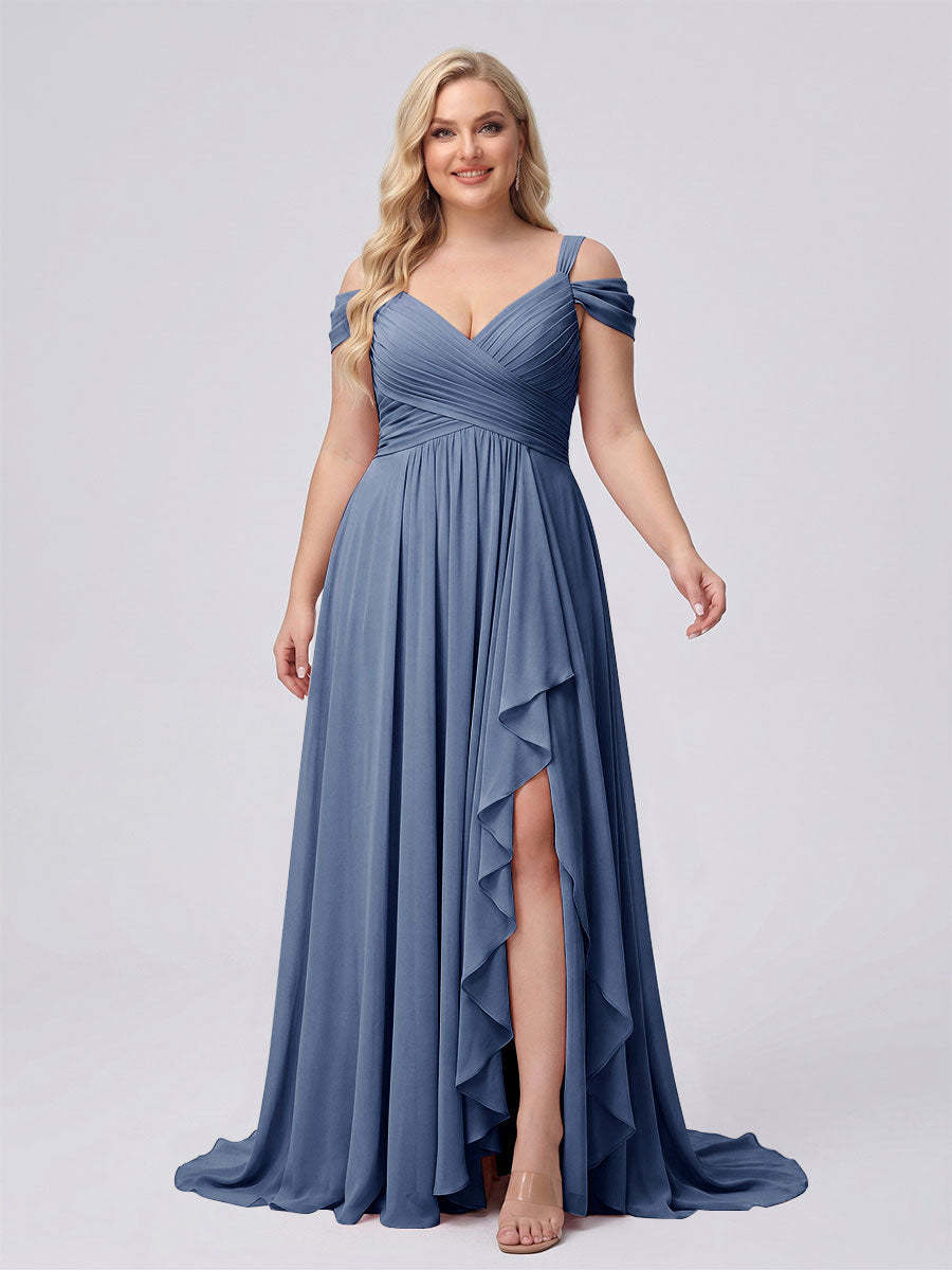A-Line/Princess V-Neck Split Side Floor-Length Chiffon Plus Size Bridesmaid Dresses With Ruffles