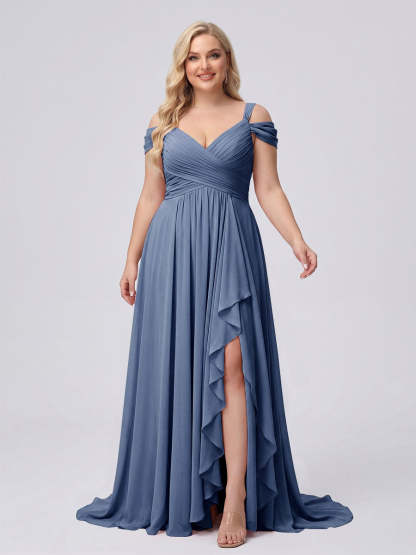 A-Line/Princess V-Neck Split Side Floor-Length Chiffon Plus Size Bridesmaid Dresses With Ruffles