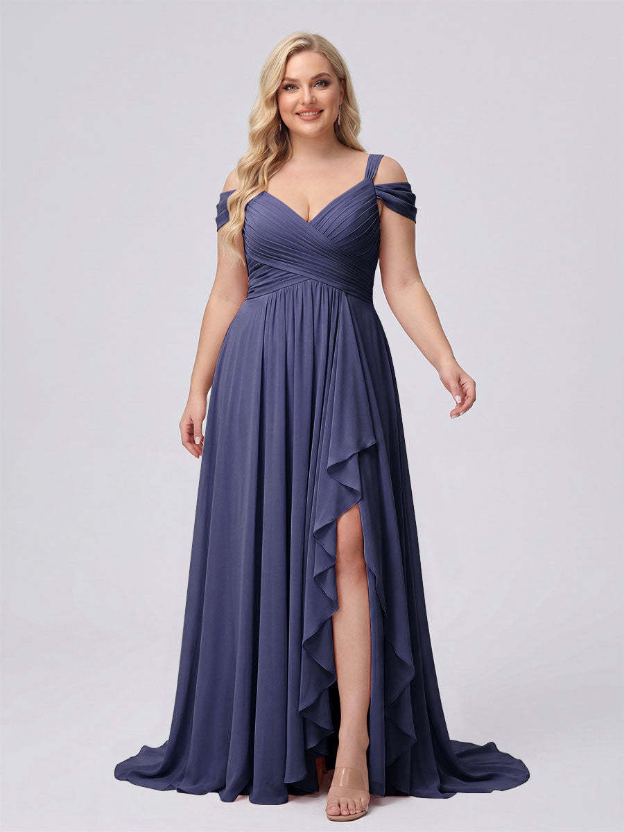 A-Line/Princess V-Neck Split Side Floor-Length Chiffon Plus Size Bridesmaid Dresses With Ruffles