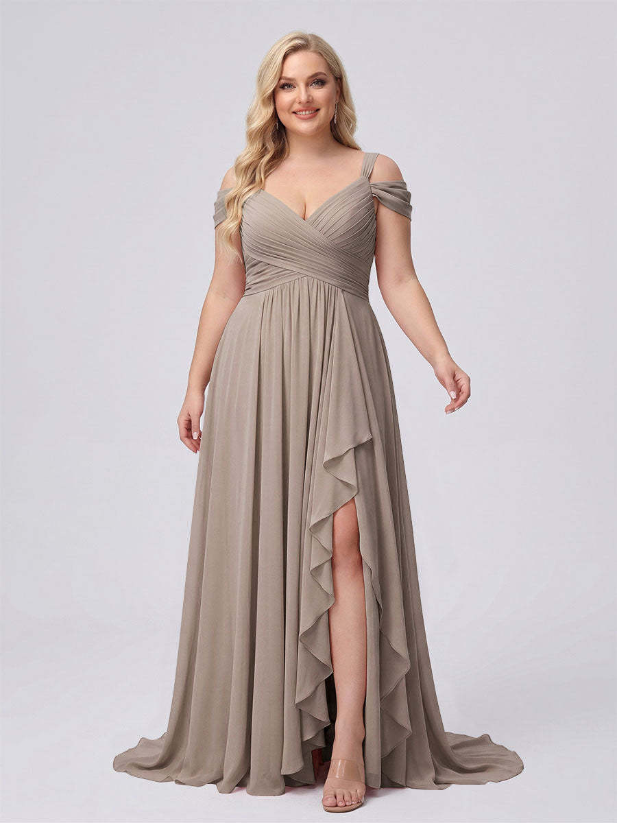 A-Line/Princess V-Neck Split Side Floor-Length Chiffon Plus Size Bridesmaid Dresses With Ruffles