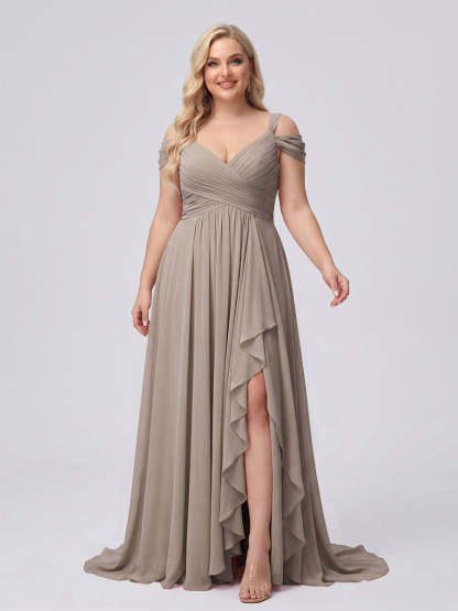 A-Line/Princess V-Neck Split Side Floor-Length Chiffon Plus Size Bridesmaid Dresses With Ruffles