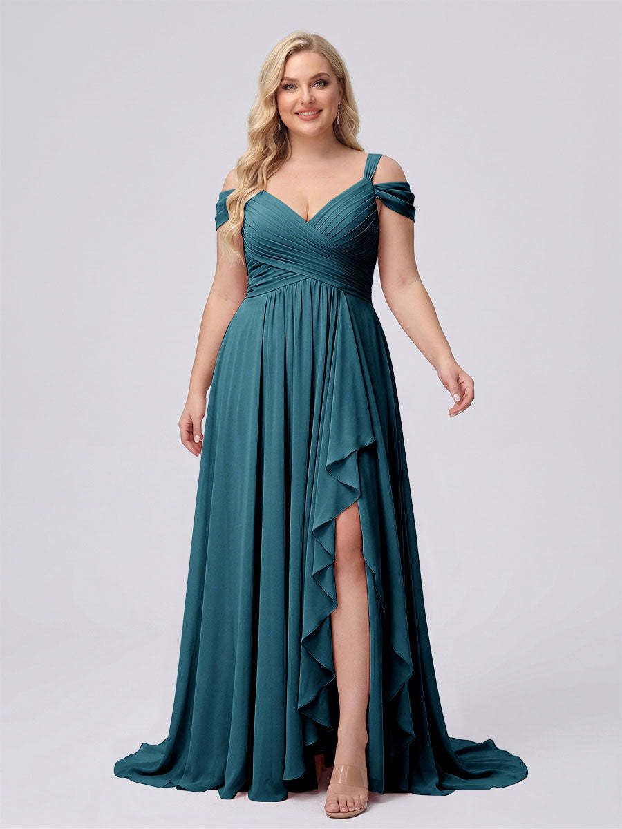 A-Line/Princess V-Neck Split Side Floor-Length Chiffon Plus Size Bridesmaid Dresses With Ruffles