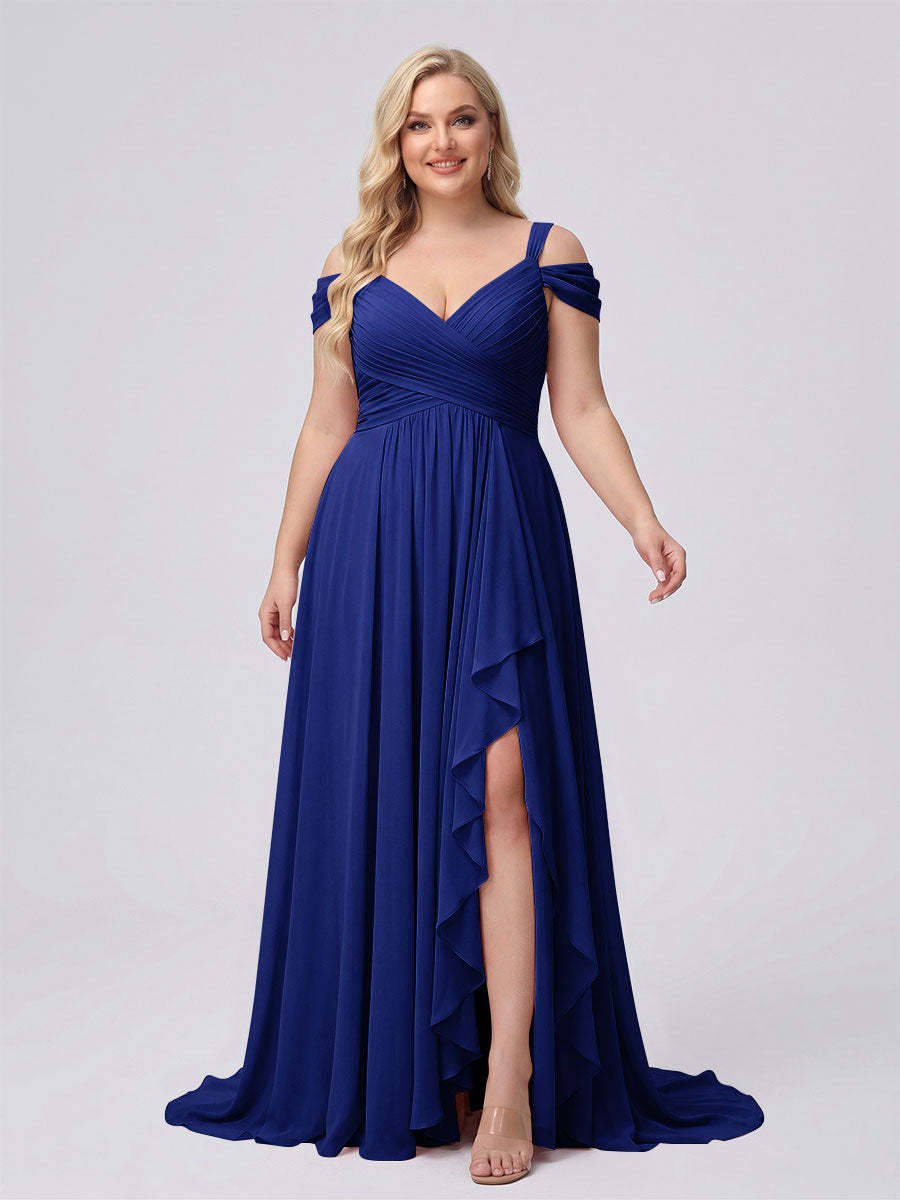 A-Line/Princess V-Neck Split Side Floor-Length Chiffon Plus Size Bridesmaid Dresses With Ruffles
