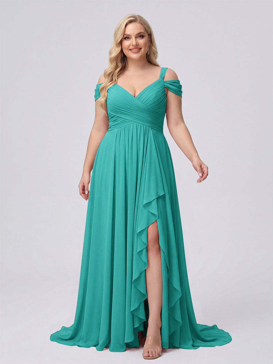 A-Line/Princess V-Neck Split Side Floor-Length Chiffon Plus Size Bridesmaid Dresses With Ruffles