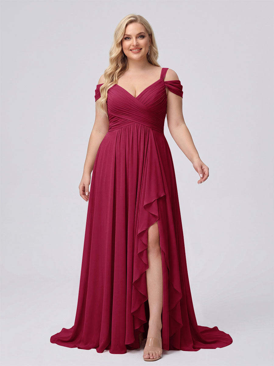A-Line/Princess V-Neck Split Side Floor-Length Chiffon Plus Size Bridesmaid Dresses With Ruffles