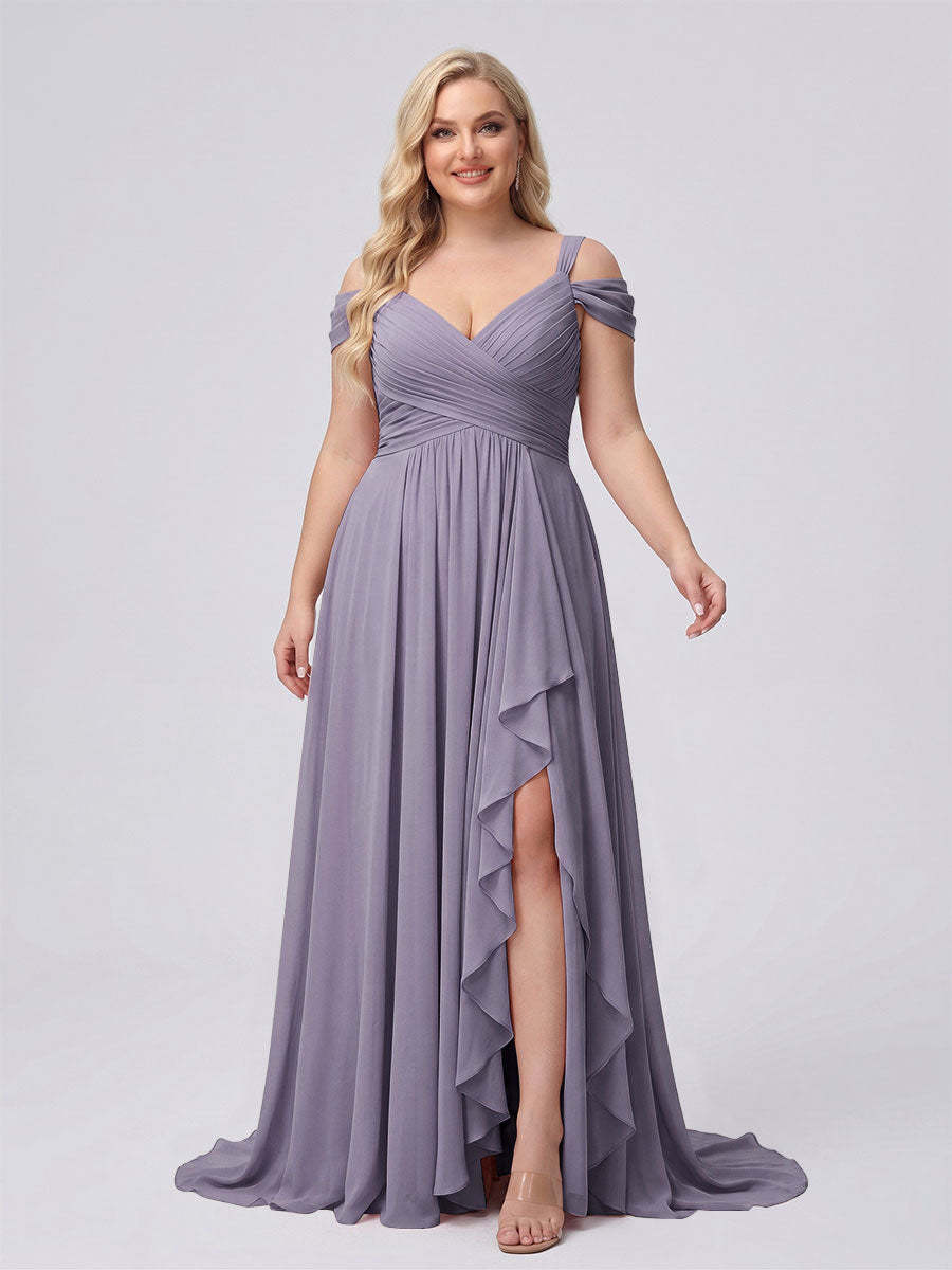 A-Line/Princess V-Neck Split Side Floor-Length Chiffon Plus Size Bridesmaid Dresses With Ruffles