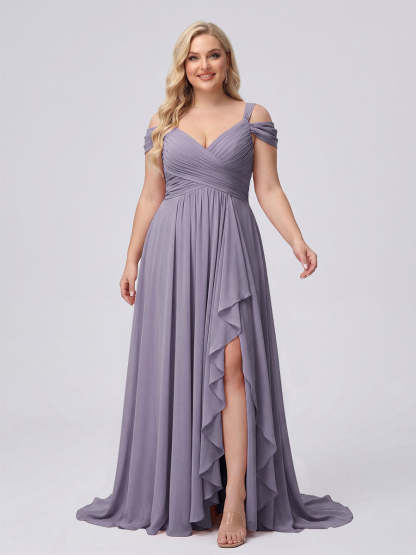 A-Line/Princess V-Neck Split Side Floor-Length Chiffon Plus Size Bridesmaid Dresses With Ruffles