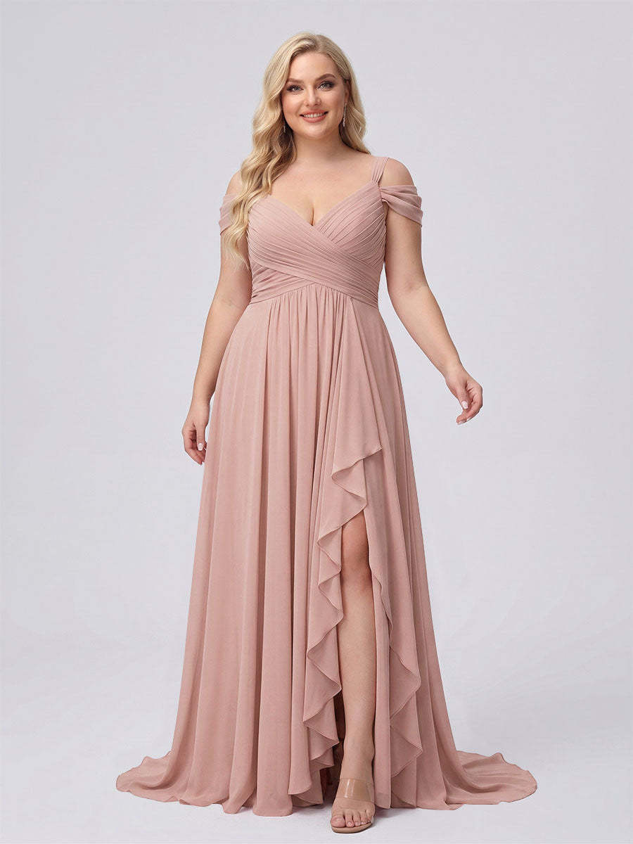 A-Line/Princess V-Neck Split Side Floor-Length Chiffon Plus Size Bridesmaid Dresses With Ruffles