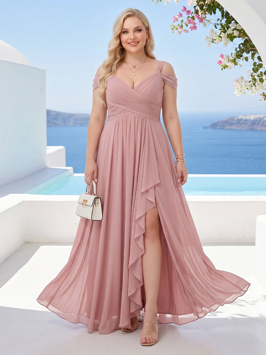 A Line Princess V Neck Split Side Floor Length Chiffon Plus Size Bridesmaid Dresses With Ruffles