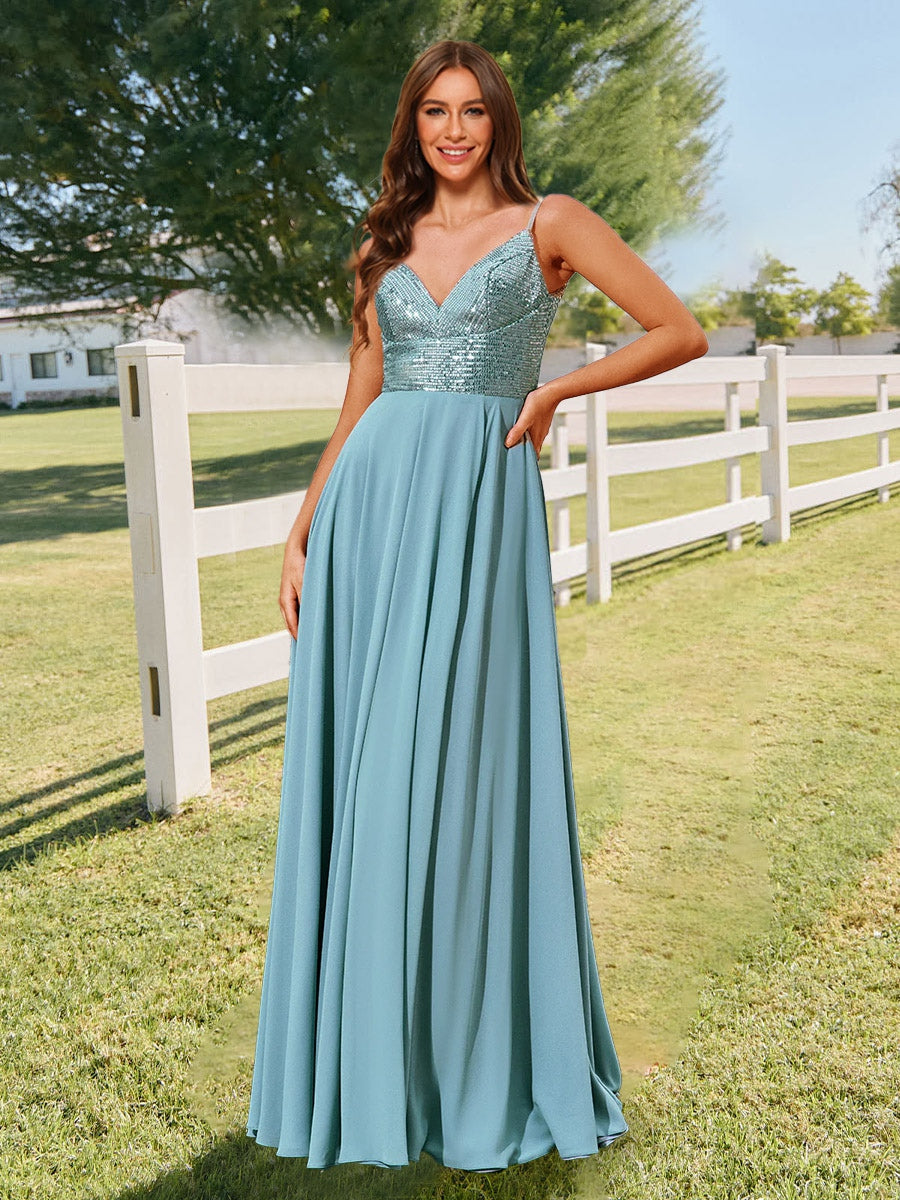 A-Line/Princess V-Neck Straps Floor-Length Long Bridesmaid Dresses with Sequins