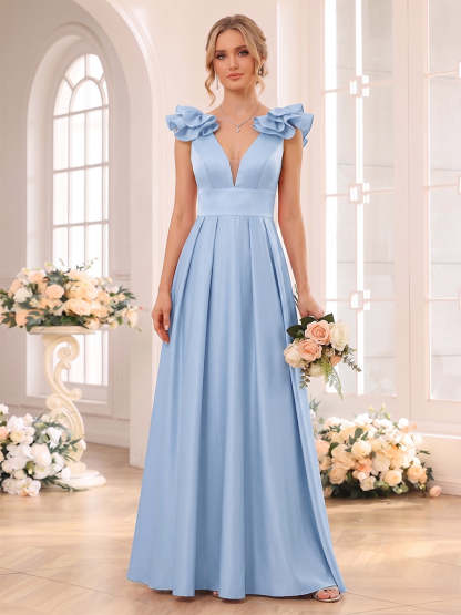 A-Line/Princess V-neck Sleeveless Floor-Length Bridesmaid Dresses with Ruched & Ruffles