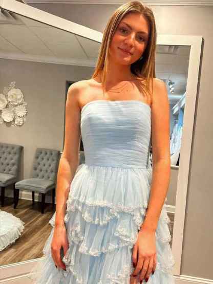 Glitter Light Blue A-Line Strapless Tulle Long Prom Dress with Ruffled Skirt