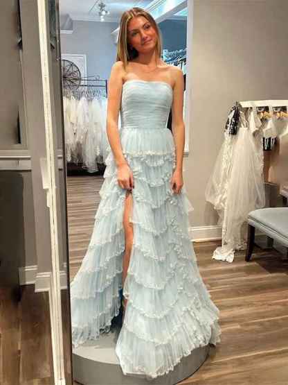 Glitter Light Blue A-Line Strapless Tulle Long Prom Dress with Ruffled Skirt