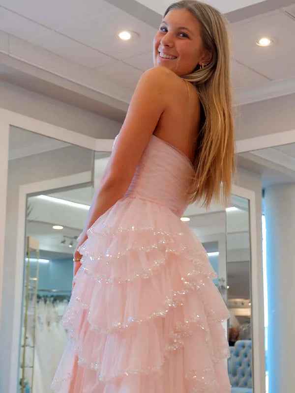 Glitter Light Blue A-Line Strapless Tulle Long Prom Dress with Ruffled Skirt