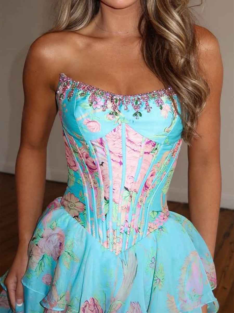 A-Line Strapless Print Ruffles Tiered Long Prom Dress