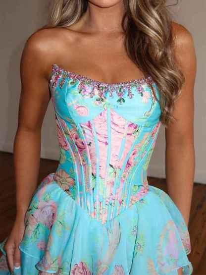 A-Line Strapless Print Ruffles Tiered Long Prom Dress