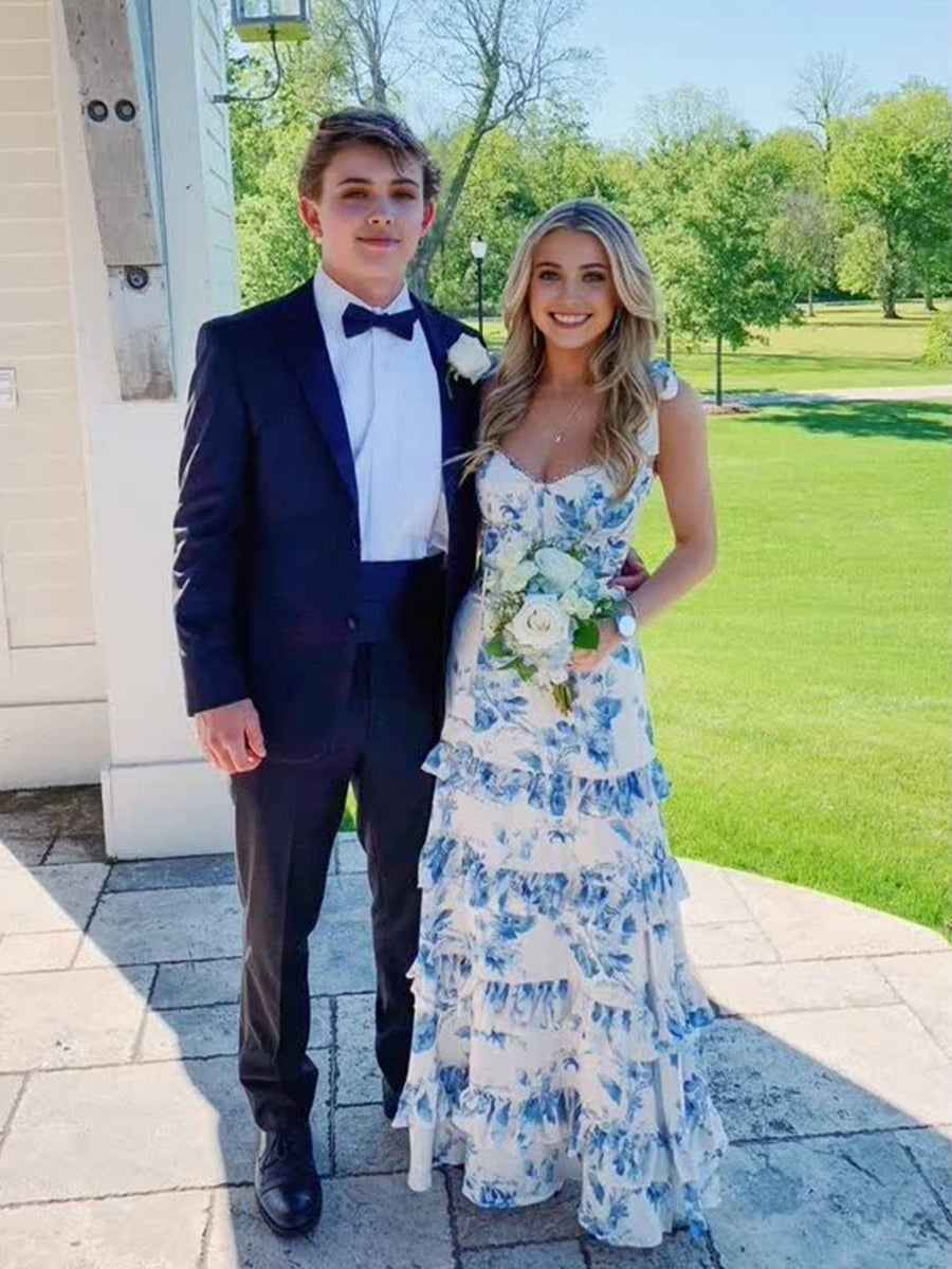 Blue Print A-Line Strapless Tiered Long Prom Dress