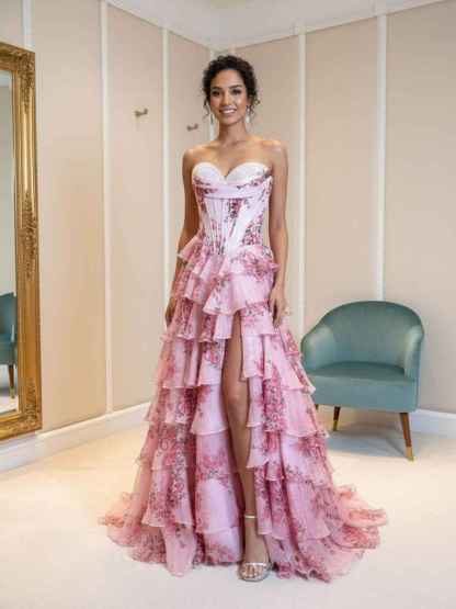 A-Line Strapless Sweetheart Print Tiered Tulle Long Prom Dress with Slit