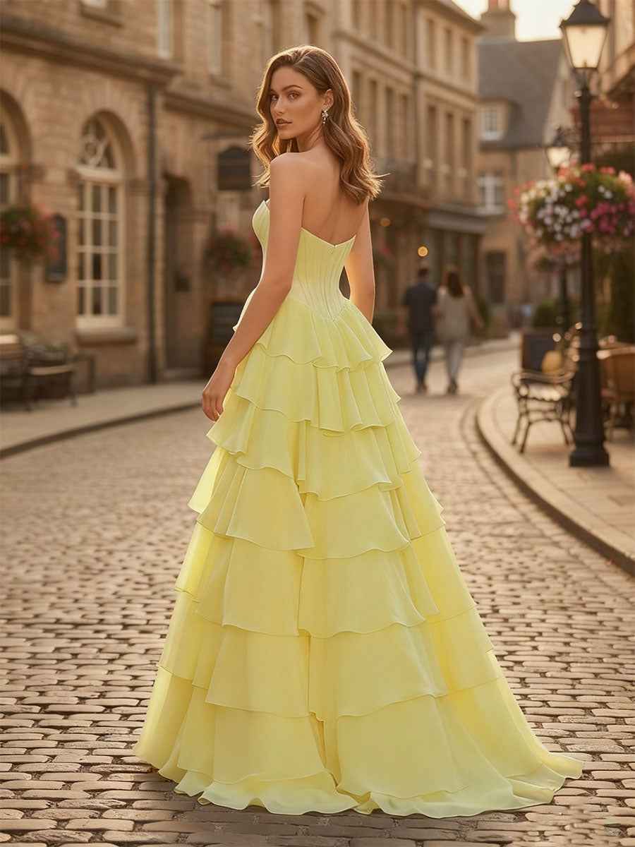A-Line Sweetheart Cascading Ruffles Chiffon Corset Prom Dress