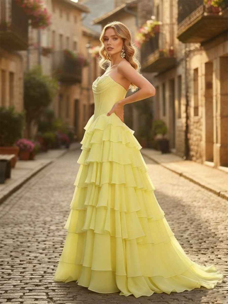 A-Line Sweetheart Cascading Ruffles Chiffon Corset Prom Dress