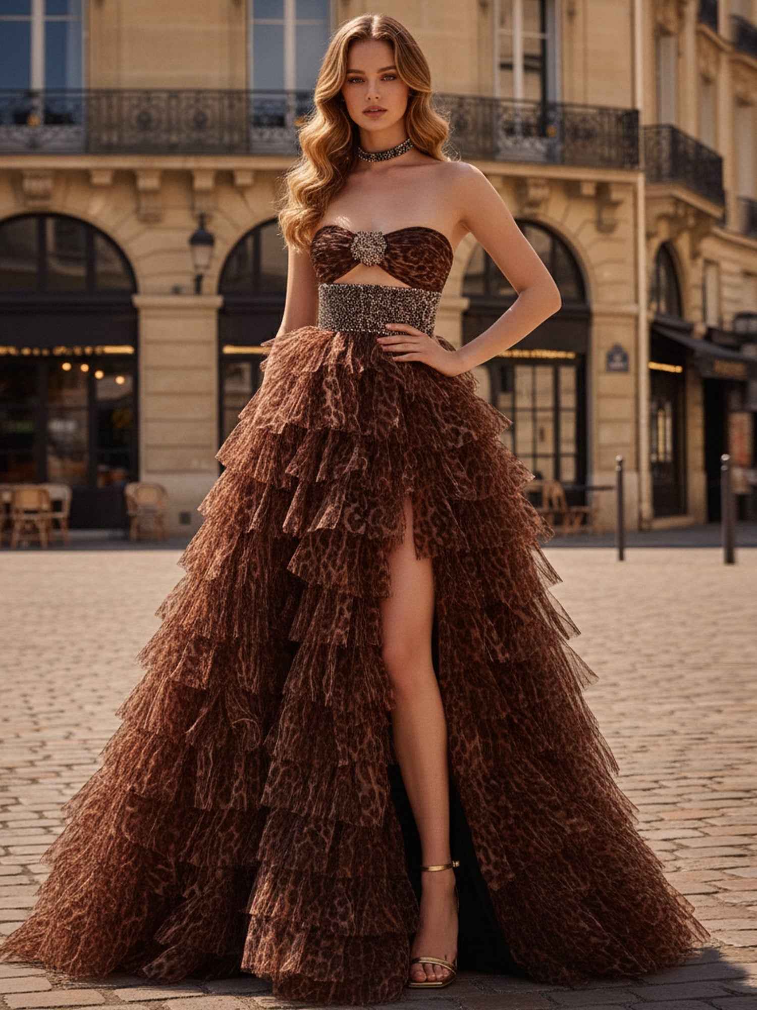 A-Line Sweetheart Leopard Print Ruffles Tulle Prom Dress