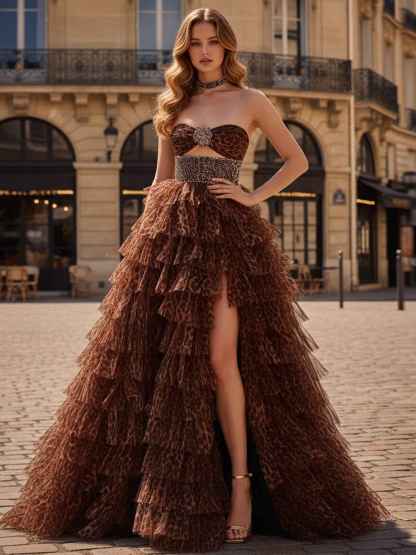 A-Line Sweetheart Leopard Print Ruffles Tulle Prom Dress