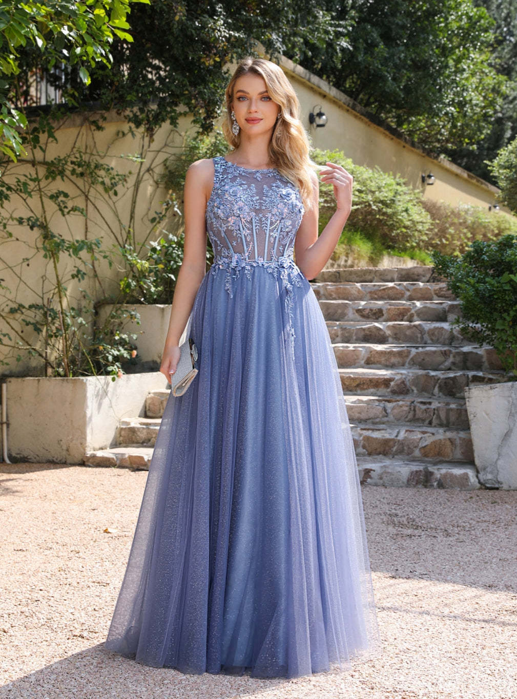 A-line Crew Neck Tulle Floor Length Dress with Appliques Dusty Blue-BMbridal