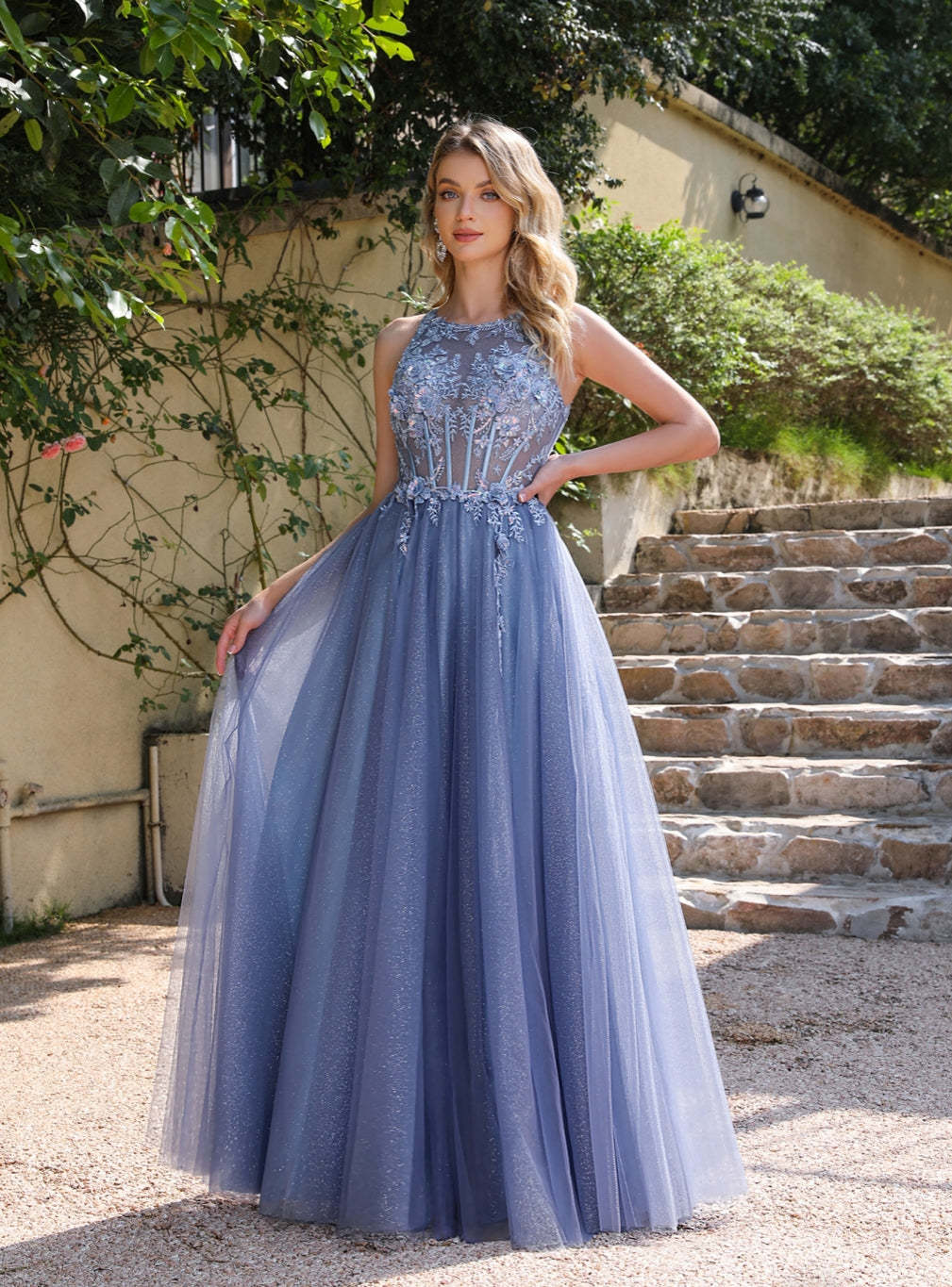 A-line Crew Neck Tulle Floor Length Dress with Appliques Dusty Blue-BMbridal