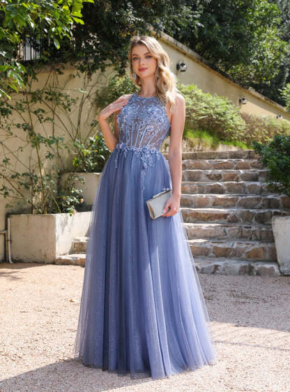 A-line Crew Neck Tulle Floor Length Dress with Appliques Dusty Blue-BMbridal