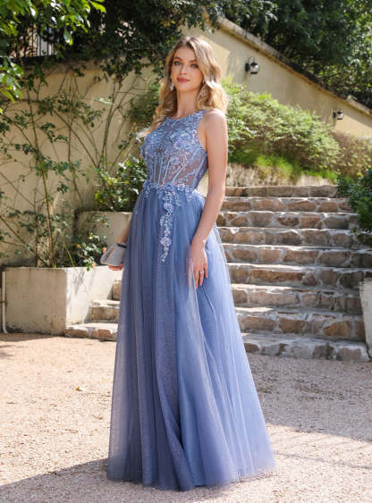 A-line Crew Neck Tulle Floor Length Dress with Appliques Dusty Blue-BMbridal